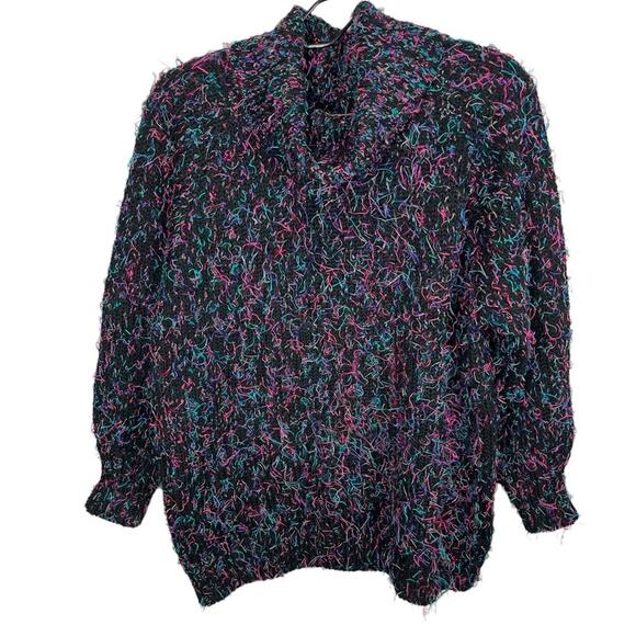 Side Effects Vintage 80s Speckled Eyelash Fuzzy Mock Neck Bishop Sleeve Sweater - Picture 1 of 5